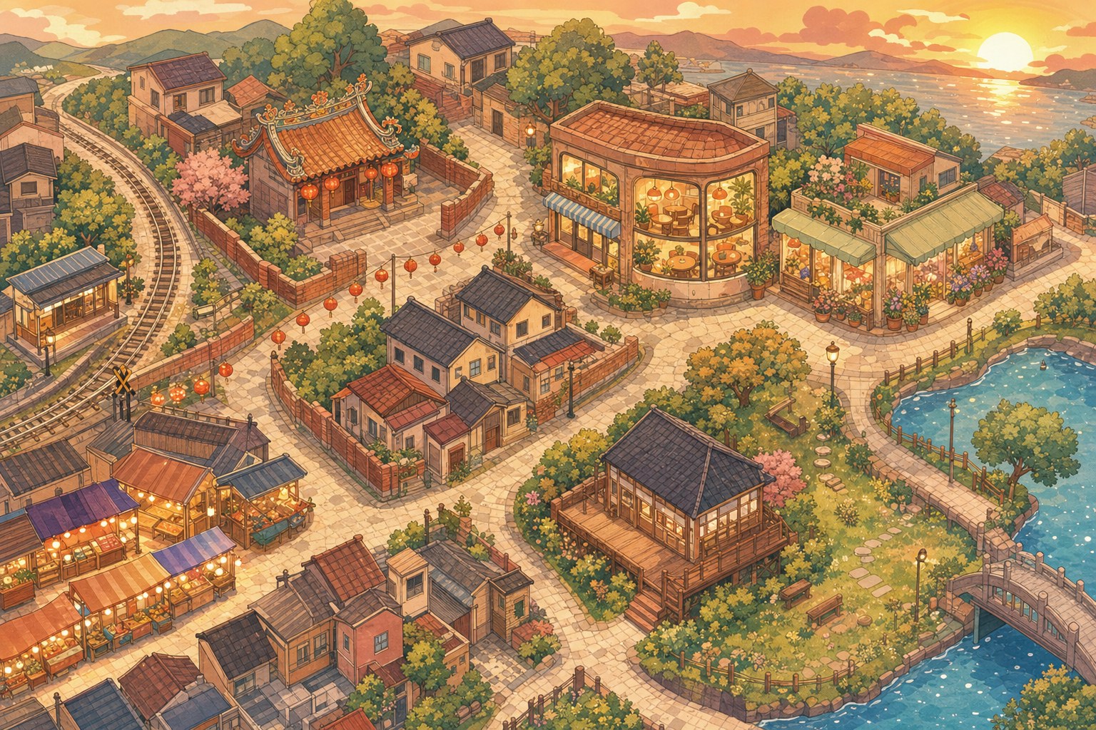 時光小鎮地圖插畫